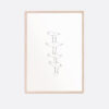 Art print with pencil drawing of four birds on top of each other, the one at the bottom looking in another direction than the rest