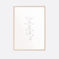 Art print with pencil drawing of four birds on top of each other, the one at the bottom looking in another direction than the rest