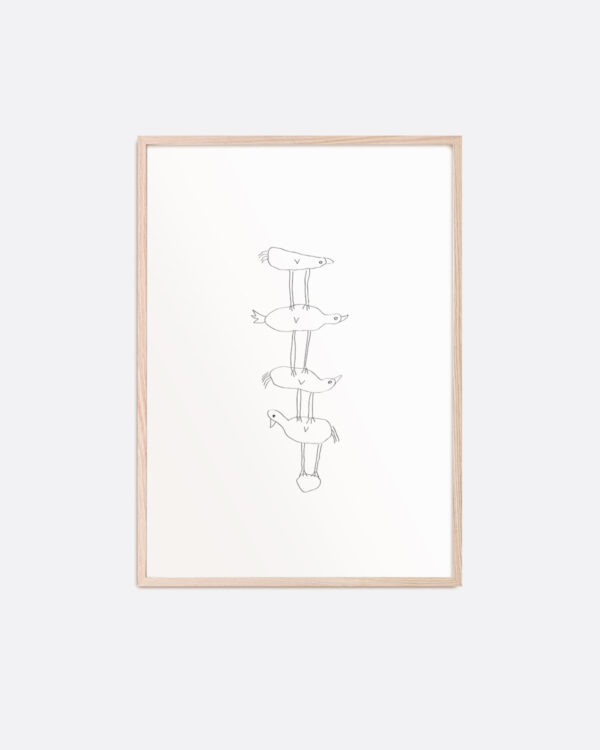 Art print with pencil drawing of four birds on top of each other, the one at the bottom looking in another direction than the rest