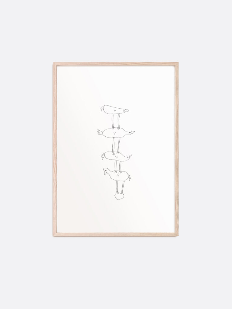 Art print with pencil drawing of four birds on top of each other, the one at the bottom looking in another direction than the rest