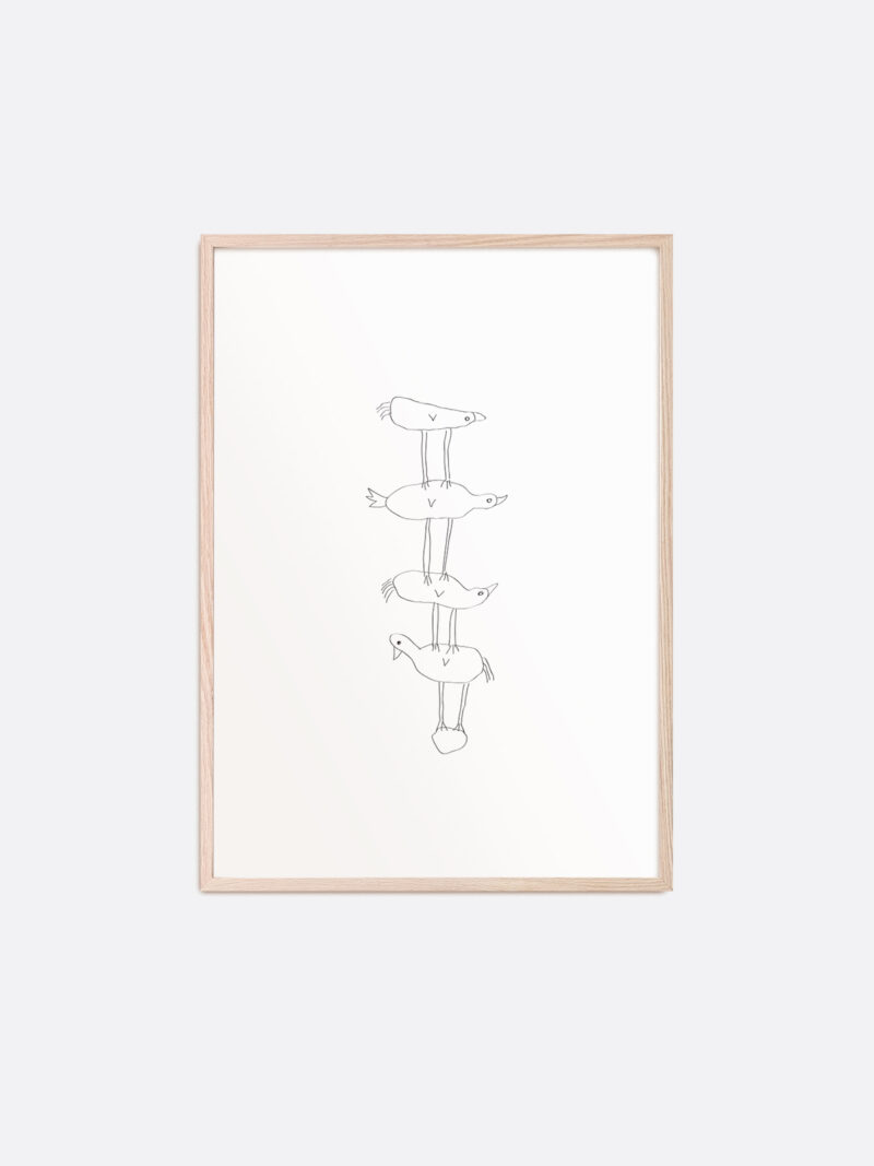 Art print with pencil drawing of four birds on top of each other, the one at the bottom looking in another direction than the rest
