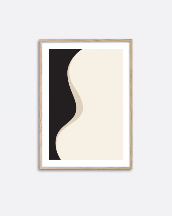 An oak frame hanging on a wall with an art print with a minimalistic expression with black and beige colours