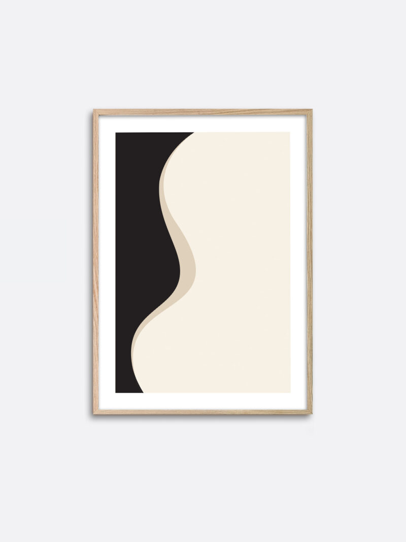 An oak frame hanging on a wall with an art print with a minimalistic expression with black and beige colours