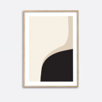 An oak frame hanging on a wall with an art print inside with a minimalistic graphic expression of black and beige colours