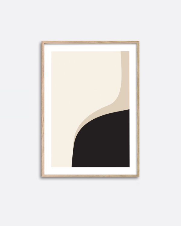 An oak frame hanging on a wall with an art print inside with a minimalistic graphic expression of black and beige colours