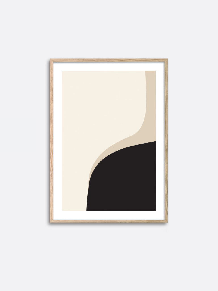 An oak frame hanging on a wall with an art print inside with a minimalistic graphic expression of black and beige colours