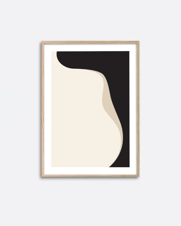 An oak frame hanging on a wall with an art print inside with a minimalistic graphic expression of black and beige colours