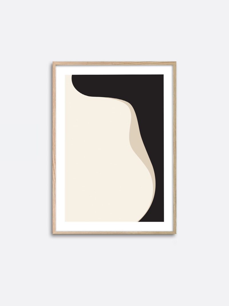 An oak frame hanging on a wall with an art print inside with a minimalistic graphic expression of black and beige colours
