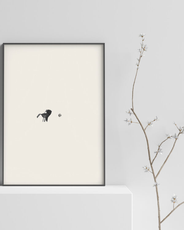 art print name: The Dot, with a beige background and a little bird standing in front of a dot