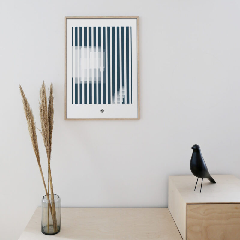 a thin oak frame hanging on a white wall with the art print inside with the title; Echo 02