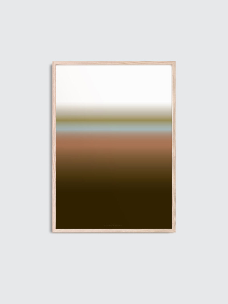 A thin oak frame with the art print inside with the title; Dusk 01, in a dark brown and terracotta color palette.