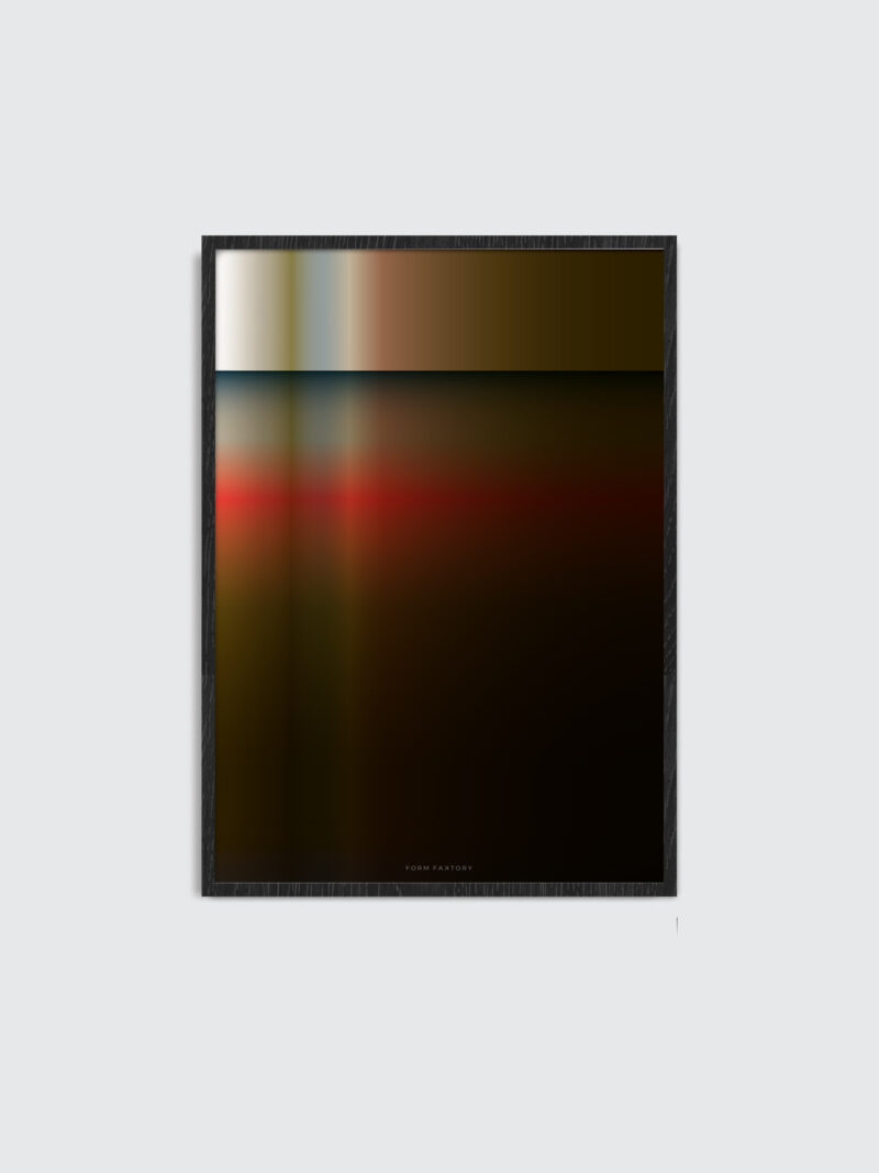 A thin black oak frame with the art print inside with the title; Dusk 02, in a dark brown and terracotta color palette.