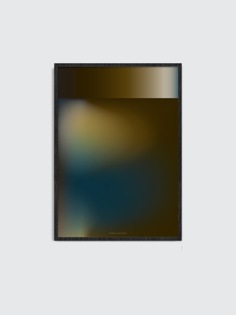 A thin black oak frame with the art print inside with the title; Dusk 03, in a dark brown colors with a blue touch