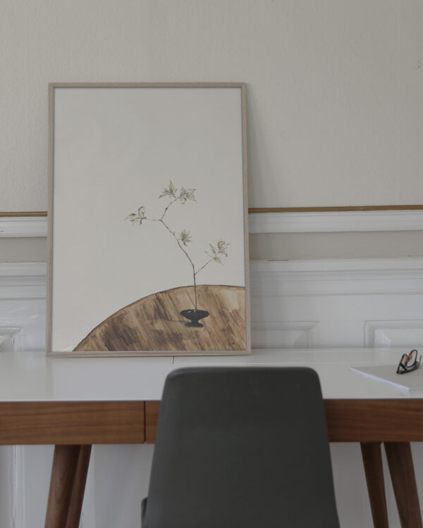 The Branch 02 is the name of this art print inside the oak frame. The poster The Branch 02 is created in beige and olive green colors. The art print has a calm, warm and minimalist expression