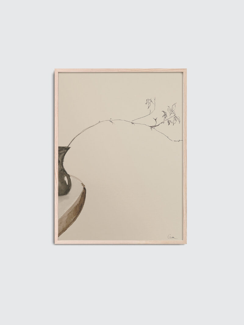 The Branch 01 is the title of the art print inside an oak frame, beige and brown colors