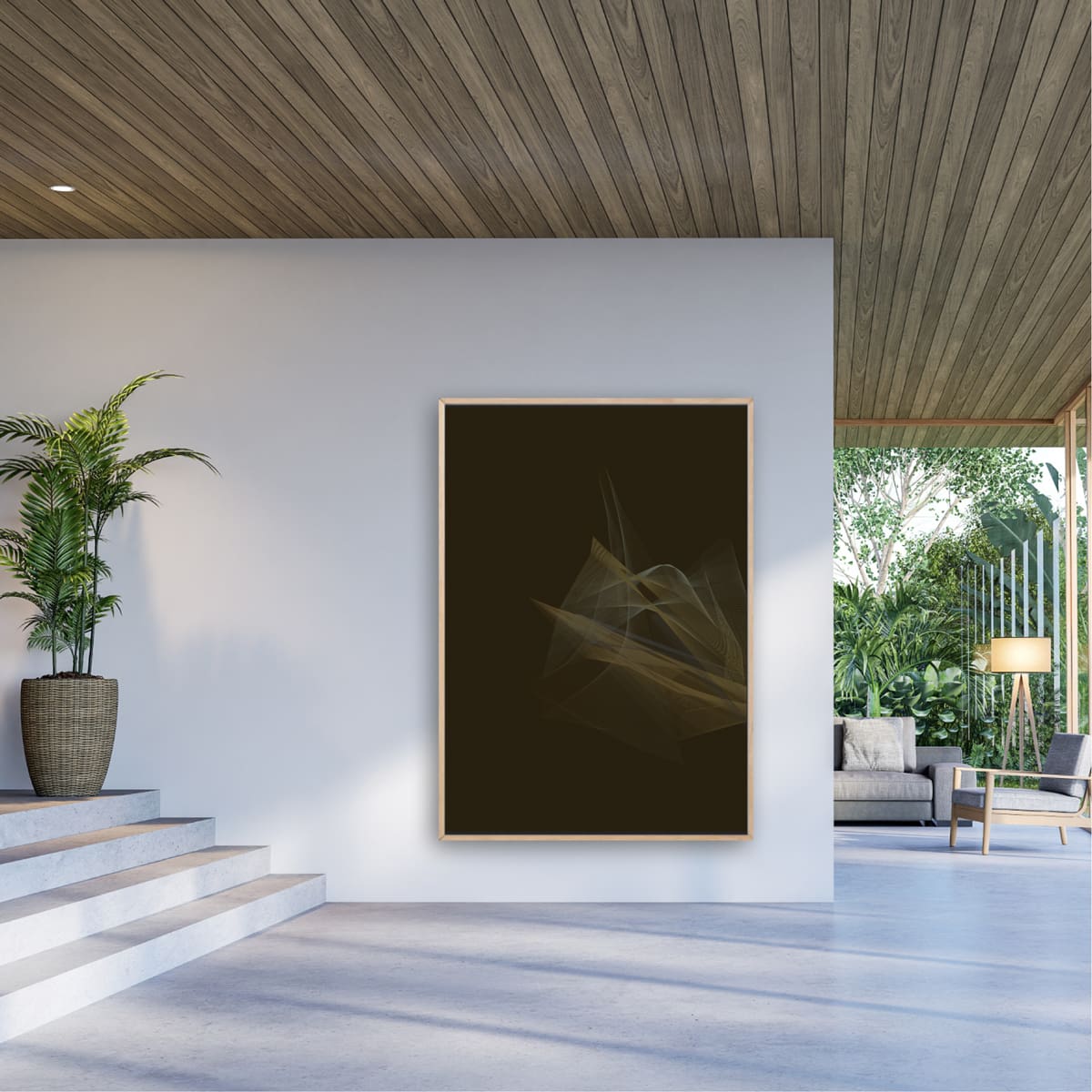 Dark Brown Accent fine art print in living room on white wall